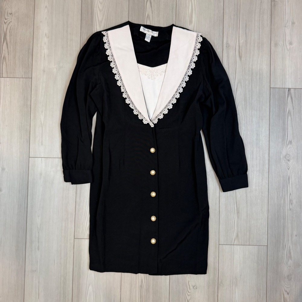 Maggie Lawrence Vintage Black Dress Cream Lace Collar Gold Buttons Size 14